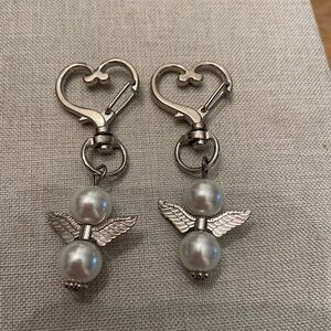 Silver Angel Wing Keychains with Pearls